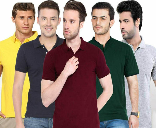 Men’s Solid Polo T-Shirts – Pack of 5 | Half Sleeves | Poly Cotton | Assorted Colors | Regular Fit for Casual Wear